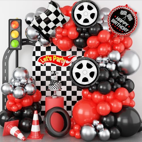 Race Car Balloon Arch Garland Kit, 103 Pcs Red Black Silver Balloons with Foil Checkered Flags and Wheels Balloons, for Racing Themed Birthday Party Supplies for Boys