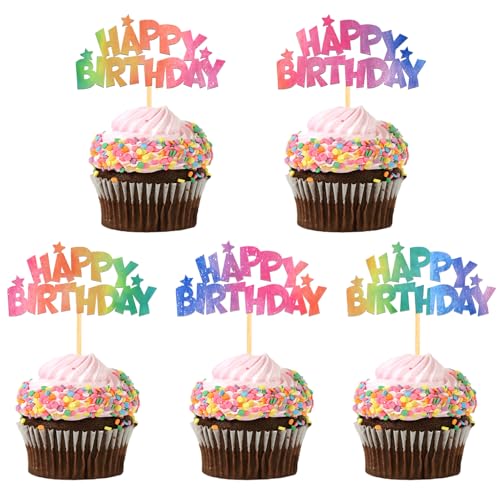 Moitkptt 24pcs Rainbow Happy Birthday Cupcake Toppers