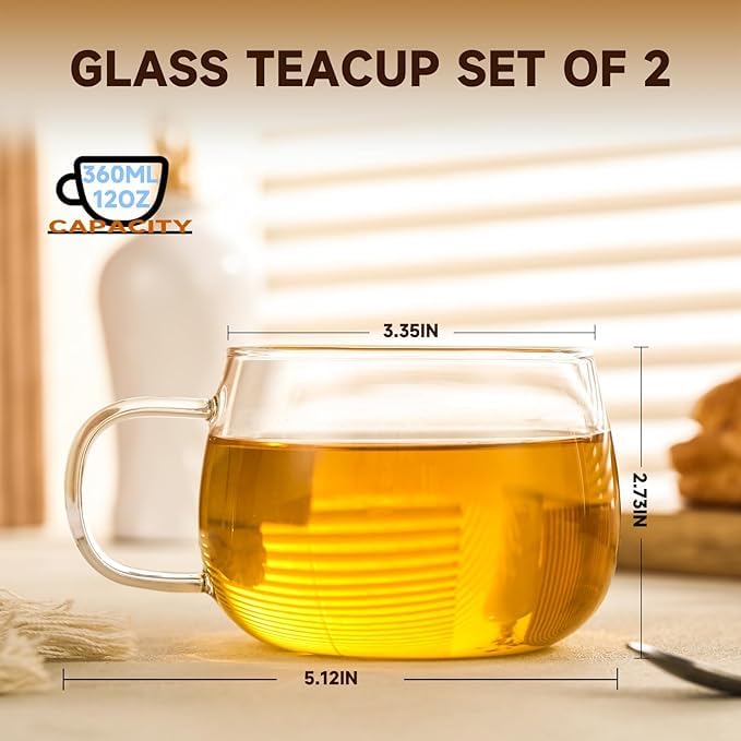 Image of PrimeWorld Glass Tea Cups Set of 2, 360ml | Clear Borosilicate Glass Teacups with Handle for Tea Lovers | Dishwasher & Microwave Safe Large Coffee Mugs for Espresso, Cappuccino, Latte & Juice