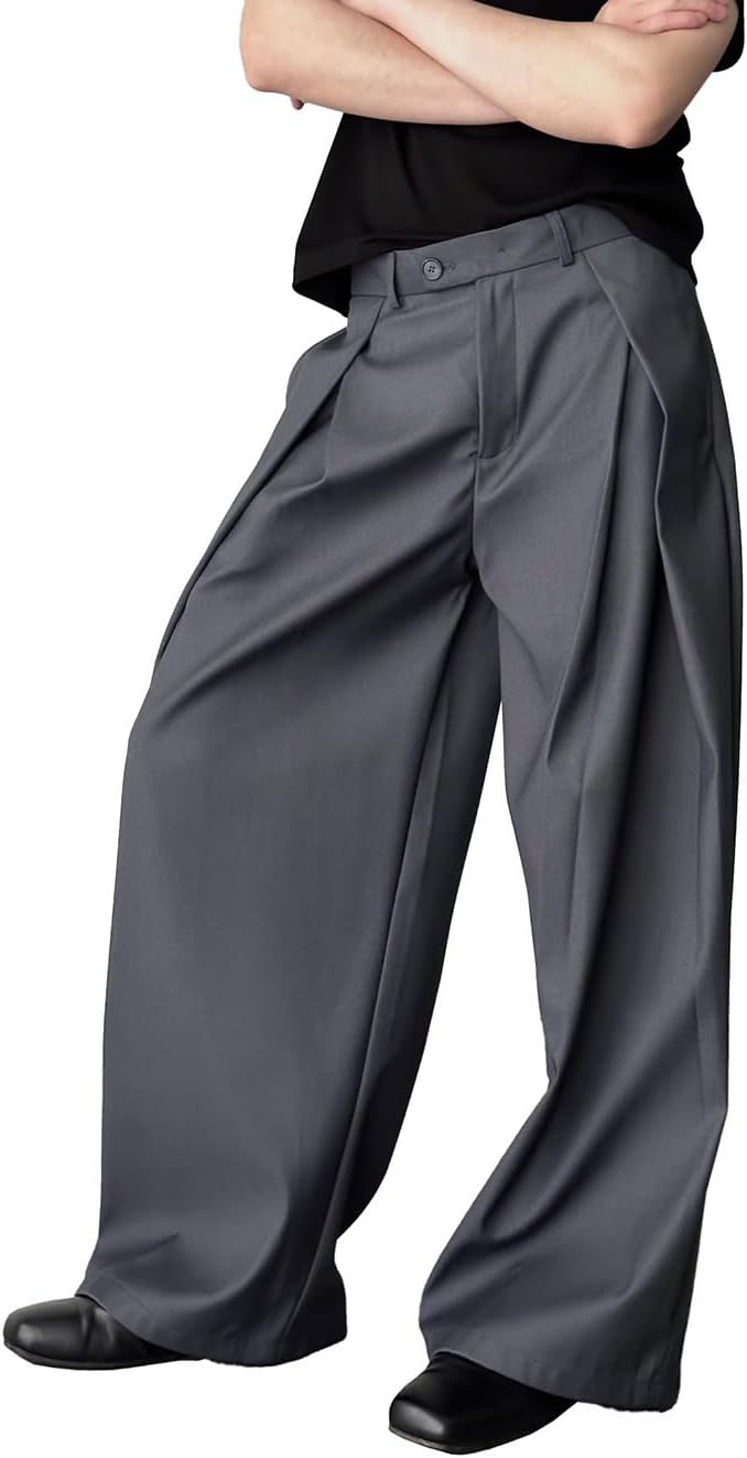 THWEI Men's Baggy Wide Leg Pants Zipper Fly Pleated Trousers Casual Dress Pants with Pocket - Image 2