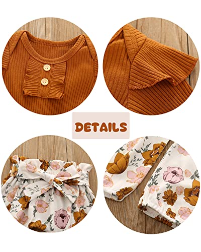 Kislio Newborn Baby Girls Clothes Ribbed Ruffled Romper+Floral Pants+Headband Infant Outfit Set - Image 6