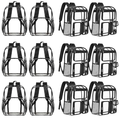 Amylove 12 Pack Clear Backpacks Bulk for School 17 Inch Heavy Duty PVC Clear Bookbags with Pockets for College Stadium Donation (Black)