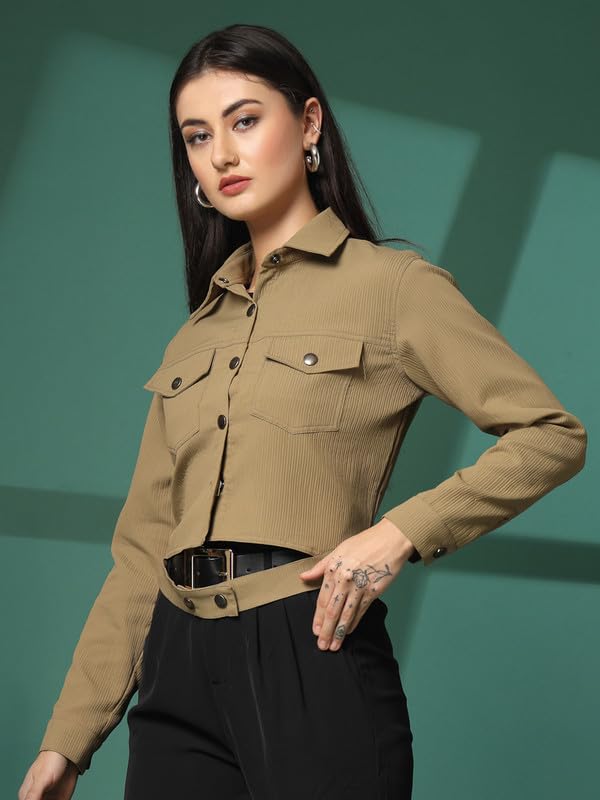 Image of CHKOKKO Solid Crop Jackets for Women stylish latest Long Sleeve Stylish Winter Shirt Jacket Casual Outerwear for Office