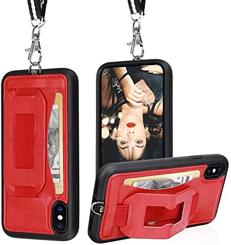 TOOVREN iPhone Lanyard Cases Designed for iPhone X XS, iPhone 10 Case with Card Holder Slot Finger Loop Strap Leather Kickstand, Anti-Lost Necklace Wallet Phone Cover for Women Men - Red