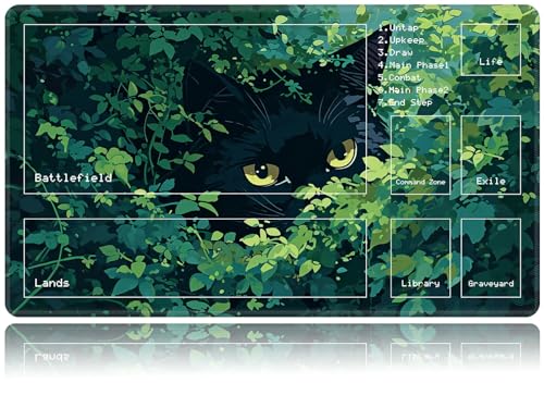 Playmat for MTG, Card Game Mat Non-Slip Rubber Base and Stitched, 24 x 14 inch TCG Play Mat for MTG and Other Card Games (C - Zones), Grass Black Cat