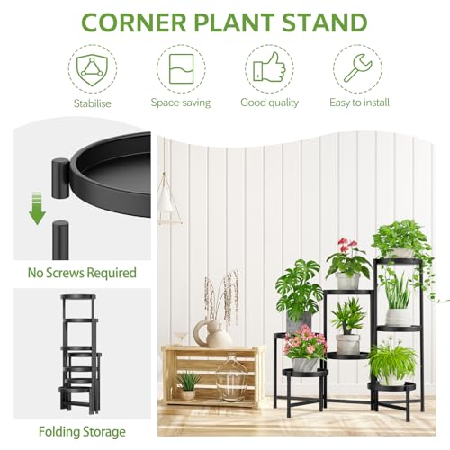 Image of iDavosic.ly 7 Tier Large Plant Stand Indoor with 10 Inch Wide Tray, Tiered Corner Metal Outdoor Flower Display Holder Shelf, Folding Tall Rack for Patio Porch Living Room, Modern Black