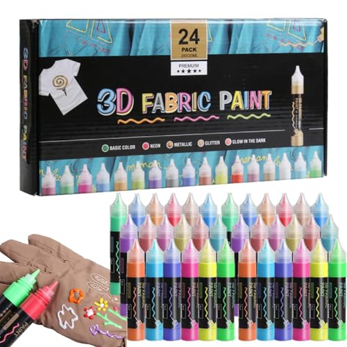 Genérico Bolígrafos de tela - 24 colores artesanías impermeables | Acrílico 3D Fabriic Paintt | Pinturas textiles acrílicas permanentes | Brillo y brillo en la oscuridad ideal