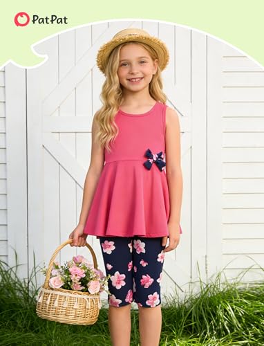 Image of PATPAT Girls Summer 2 Piece Outfits 4-12Y Butterfly Bow Sleeveless Tunic Tops and Floral Print Shorts Cute Clothes