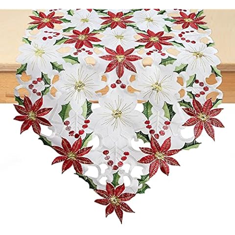 Christmas Embroidered Table Runner 15 x 71 inches 6ft Red Poinsettia Christmas Decoration Green Holly Heavy Duty Table Cover for Holiday Dresser Home Decor Cover