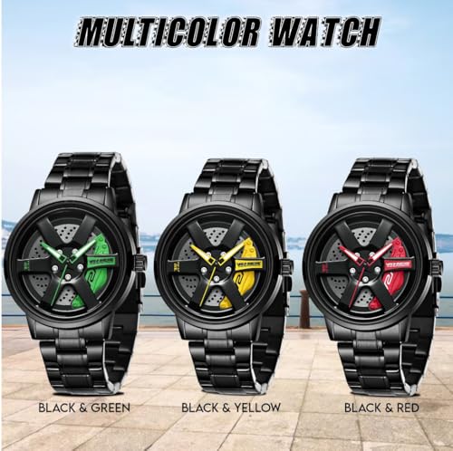 Image of V2A Velocity Wheel Rolling Series Men's Analog Watch Open Dial Watch - Car Wheel-Inspired Design, Hollow Out Elegance Casual Watch for Men | Gift for Men (Black-Green)