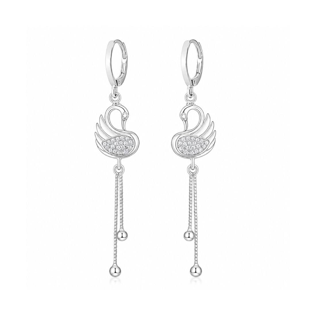 Nilu's Collection Swan Dangle Earrings For Women (Silver Tone)