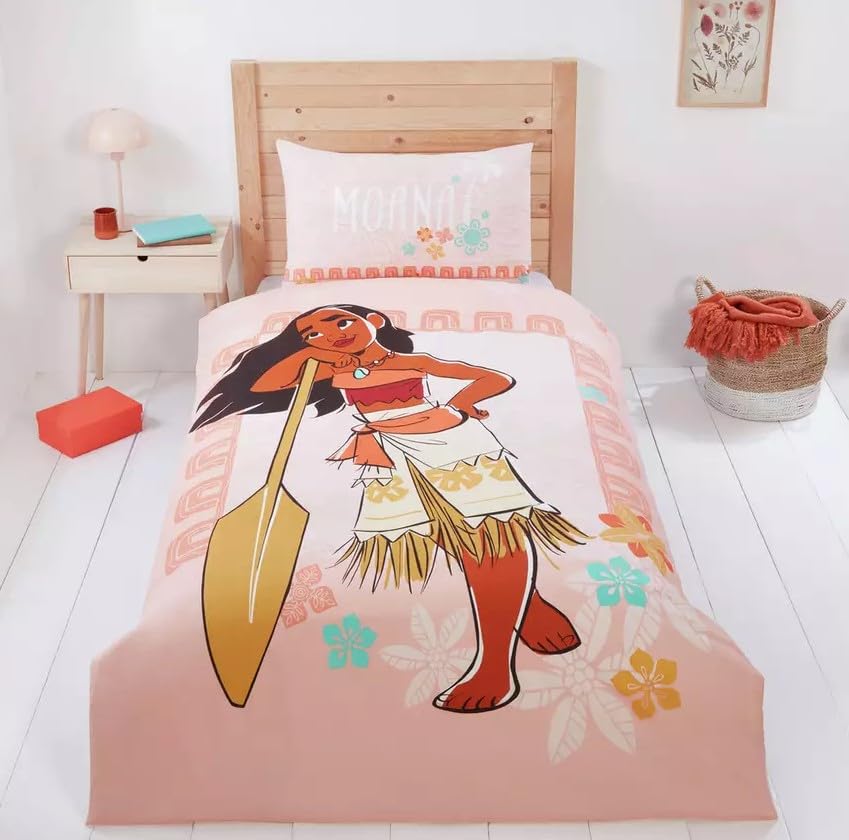 Disney Moana Single Duvet Cover Set – Reversible Peach Bedding for Girls | Official Moana Bedding Set 55% Cotton 45% Polyester | Soft, Durable & Easy Care Princess Bed Set