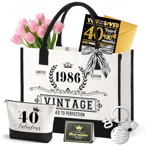 ePicsoa 40. Geburtstag Geschenk Mädchen Vintage 1986 Canvas Einkaufstasche Tragetasche & Kosmetiktasche Set Enthält Eine Große Grußkarte Eine Kleine Grußkarte Einen Schlüsselanhänger