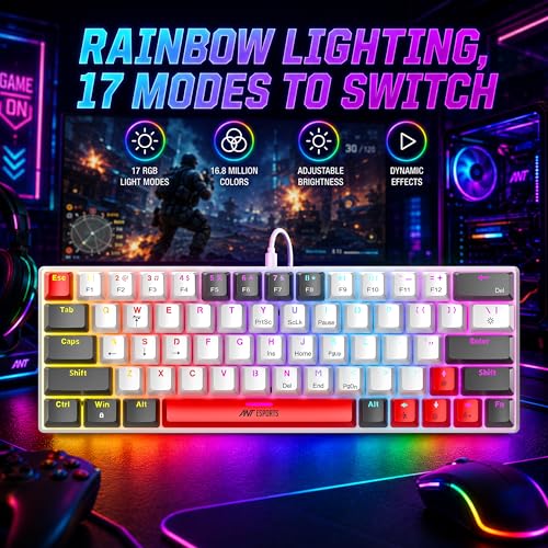 Image of Ant Esports MK1200 V2 Mini 60% Mechanical Gaming Keyboard with Red Switches| 63-Key Compact Wired Keyboard |Rainbow RGB Backlit |26-Key Anti-Ghosting|Double-Shot Keycaps|USB for PC & Laptop