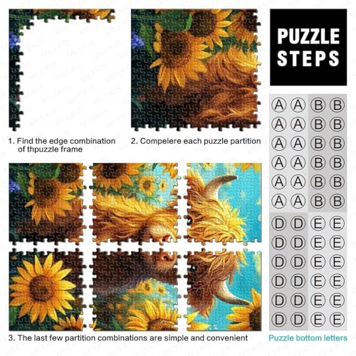 Puzzle de 1000 piezas de vaca escocesa y girasoles para una tarde de relajación familiar 5