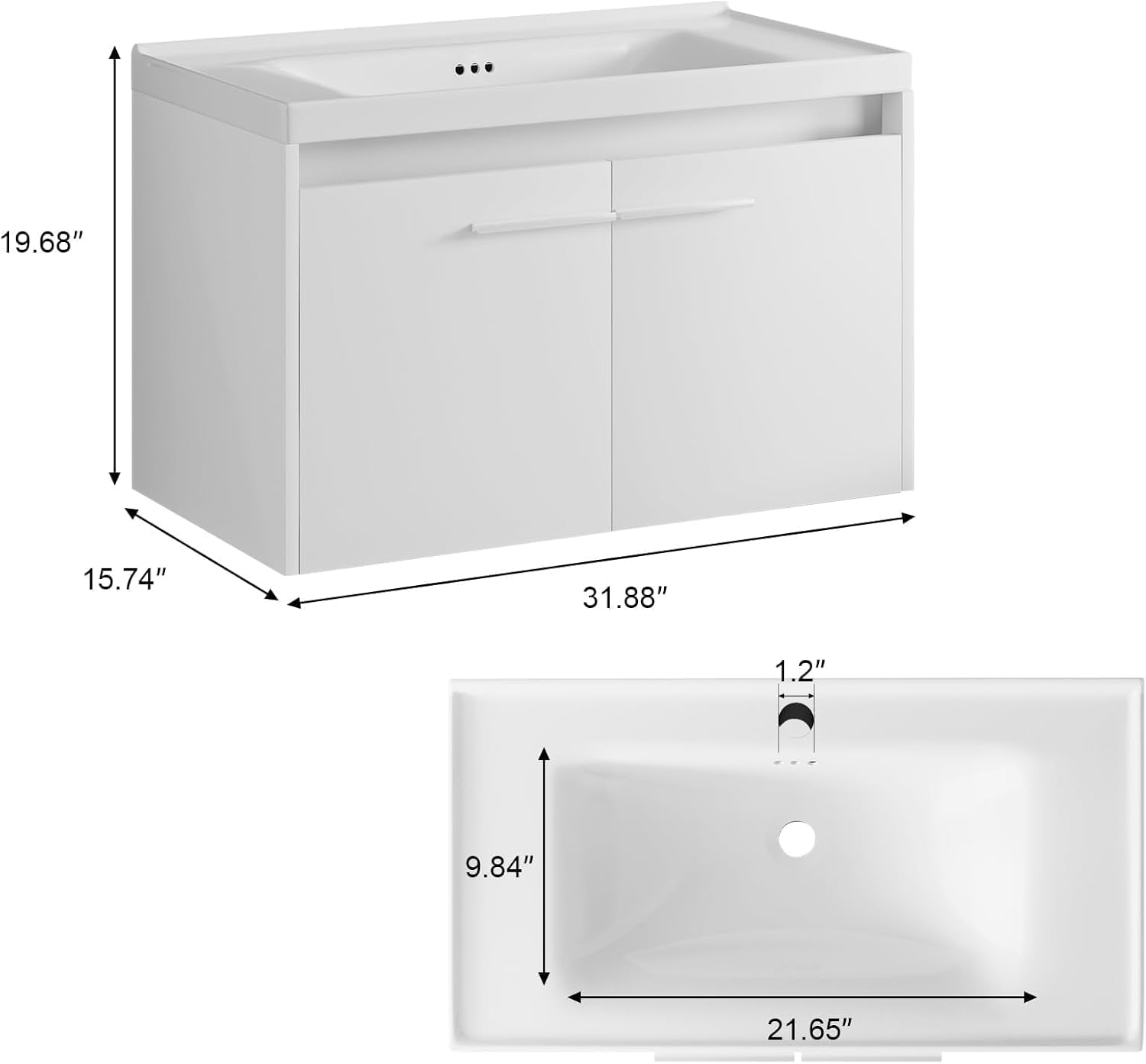 4ever2buy 31" Floating Bathroom Vanity with Sink, Modern White Bathroom Vanity with LED Light, Wall Mounted Sink Cabinet with 2 Doors, White