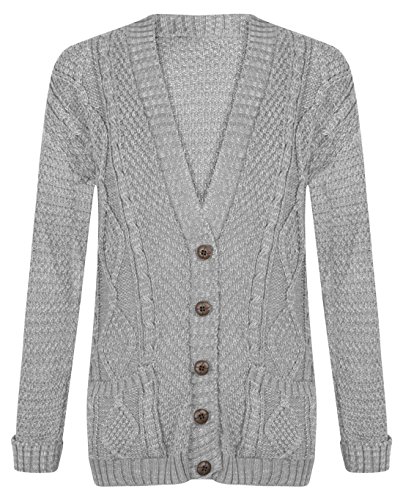B&S Trendz Fashion Valley Womens Long Sleeve Chunky Cable Knitted Button Ladies Grandad Long Cardigan (UK 20-22, Grey)
