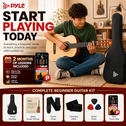 Image of Pyle Beginner Acoustic Guitar Kit, 1 /4 Junior Size All Wood Instrument for Kids, Adults, 30 inch Natural Ash