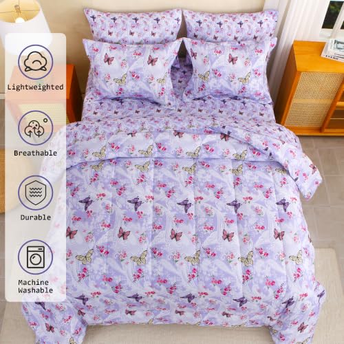 Image of lasoftan Floral Queen Comforter Set with Sheets, 7 piece Luxury Vintage Bedding, Soft Microfiber Bed in a Bag, Cozy Lightweight Bed Set, Lavender Butterfly