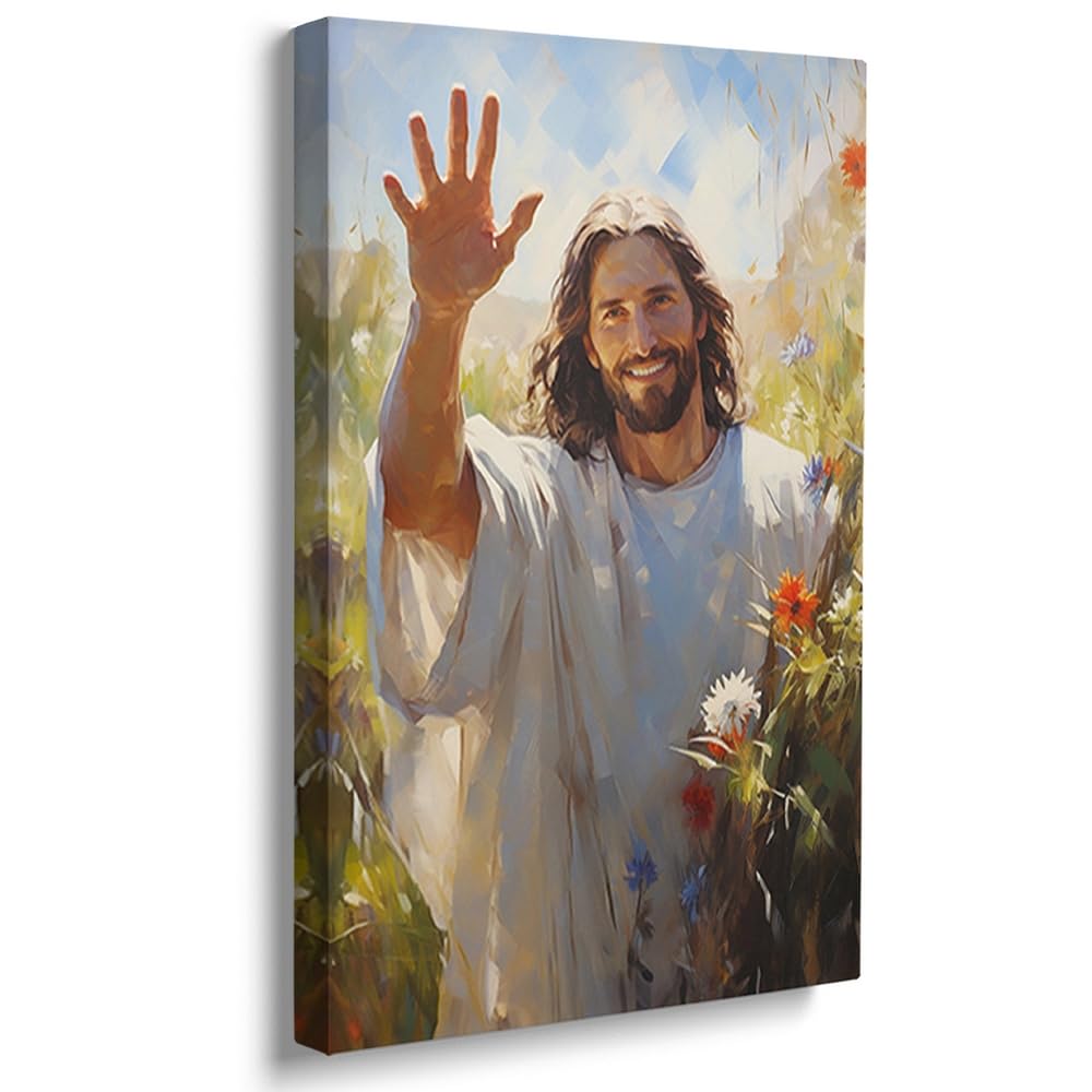 Reateforin Jesus Canvas Wall Art Christian Picture Jesus Walking Among Wildflowers Jesus Christ Watercolor Painting Print Modern Christian Wall Decor for Living Room Bedroom Home Office Church 12"x16" — image 1
