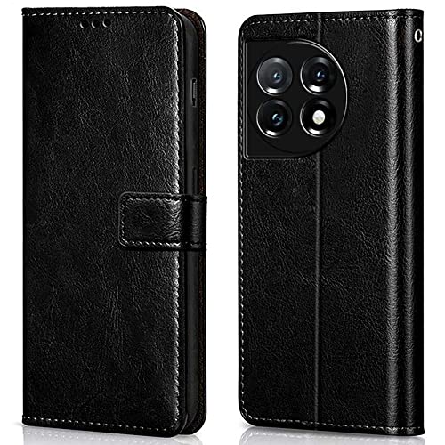 Image of WOW IMAGINE Shock Proof Flip Cover Back Case Cover for 1+ OnePlus 11R 5G (Flexible | Leather Finish | Card Pockets Wallet & Stand | Black)