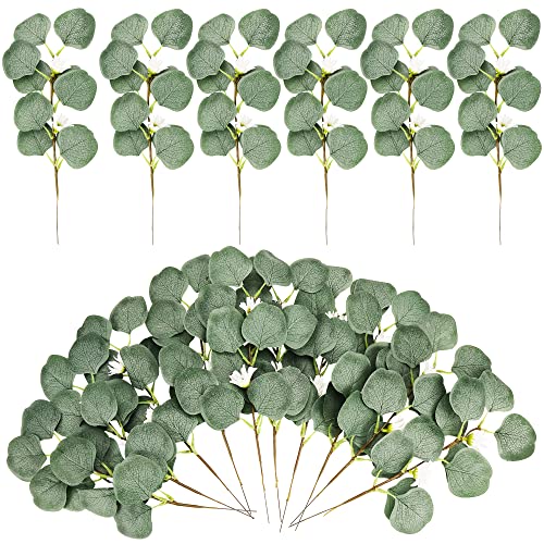 MILEEO 16PCS Branches d'Eucalyptus Artificielles avec Petites Marguerites Blanches Argent Dollar Feuilles d'Eucalyptus Faux Tronc de Feuille Plante Mariage, Fête, Jardin, Bureau Décorations Vertes