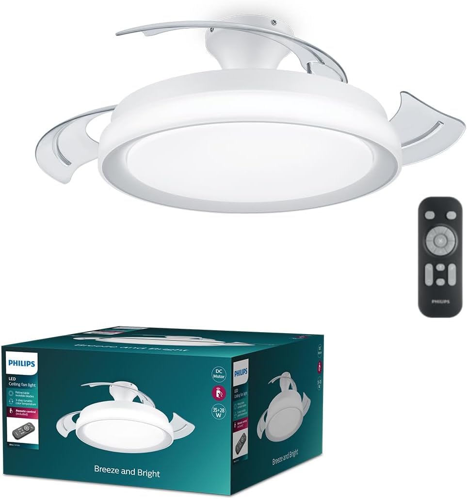 Philips Lighting LED Bliss 28W Ceiling Light with 35W Fan, 2700K-4000K-5500K, Remote Included, White, for Ceiling Lighting, Livingroom and Bedroom