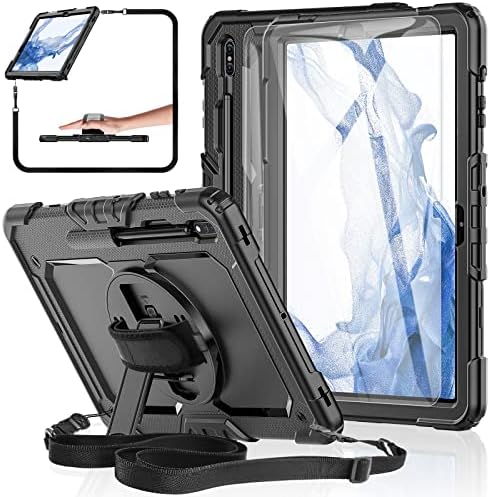 Samsung Galaxy Tab S8 Plus 2022/S7 FE/S7 Plus 5G 12.4-inch Case [with Tempered Glass Screen Protector], [Shockproof] BASE MALL Tablet Case, Rotatable Kickstand,S pen Holder,Hand/Shoulder Strap (Black)