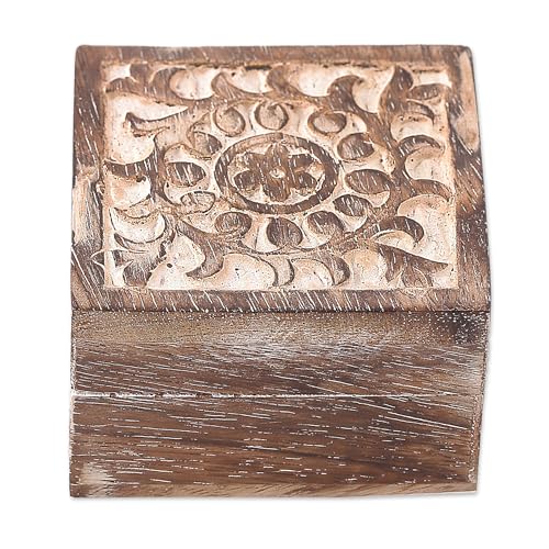 NOVICA Artisan Handcrafted Square Mango Wood Decorative Box from India | Brown Accessories Box | Floral Circle | 1.5in H x 3.1in W x 3.1in D