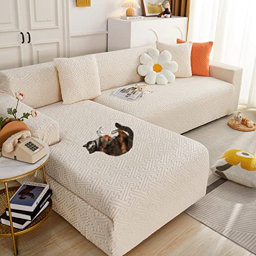 Fundas Sofas Cheslonge Ajustables 2 Piezas Funda para Sofa Elastica Lavable Funda Sofa Chaise Longue Brazo Derecho Izquierdo 1/2/3/4 plazas Jacquard Antiarañazos Cubre Sofá ,beige-2seats+4seats