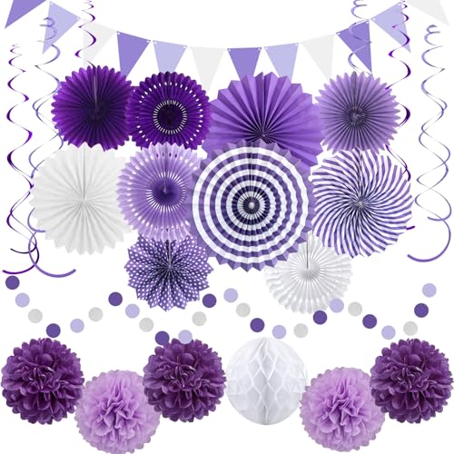 Image of 24 Pcs Purple Birthday Decorations Kit, Reusable Hanging Paper Fans Triangle Banner Tissue Pom Poms for Lavender Party Event and Wedding Graduation Bridal Shower Retirement