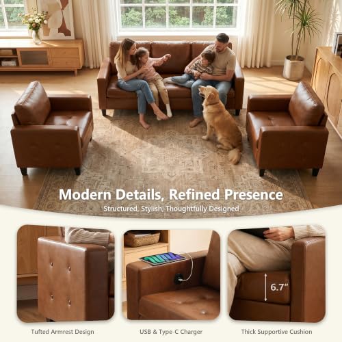 Image of STHOUYN 73 inch Brown Faux Leather Couch, Comfy 3 Seater Sofa