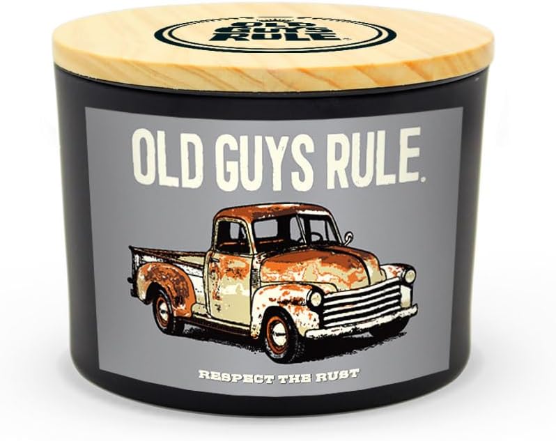 Old Guys Rule 100% Handmade Non-toxic Soy Wax Candle, Woodsy Masculine Scent, 120hr Burn, Soot Free, Cotton Wick, 16 oz - Fun Gift for Dad, Grandpa, Husband (OGR Rusty Truck, Woodfire)