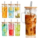VasoArte 6 Pack Glass Tumbler Cups with Handle, 24oz Bubble Tea Cup with Bamboo Lid& Wide Straws,Reusable Mason Jars with Wide Mouth Iced Coffee Cup, Drinking Glasses for Smoothie,Bubble Tea