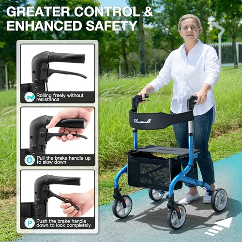Image of PLANET WALK Super Lightweight Rollator Walker for Seniors, Foldable Rolling Walker with Seat and 8 inch Rubber Wheels for All Terrain, Unique Design Aluminium Frame Sturdy Walkers for Traveling - Blue