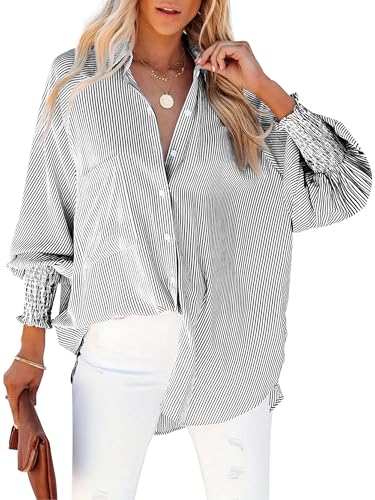 Women's Wrinkle-Resistant Smocked Cuffed Striped Button Shirt with Pocket Oversized Casual Boyfriend Blouse