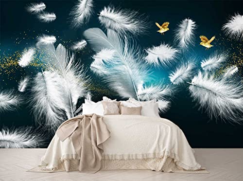 Reyhui 3D White Feather Mural Wallpaper Gold Bird And Night Sky Wall Mural For Bedroom Living Room Tv Background Sofa Wall (Not Self-Adhesive) #TOP18