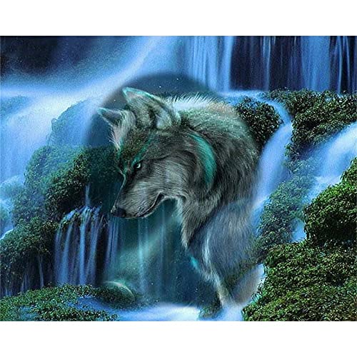 Fheeao 45x60cm Grande Diamond Painting Bosque Cascada Lobo, Pintura Diamante Kit Completo, Pintar con Diamantes 5D, Cristal Art Pintura por Numeros Adultos Niños DIY Regalos, Decoración Hogar Z-7525
