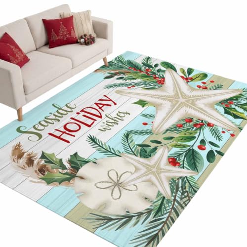 Area Rug Seaside Holiday Pine Needles Starfish Rectangle Area Rugs Washable Rug for Living Room Dining Room Bedroom, Wood Board Soft Non-Slip Floor Carpet 8x10ft