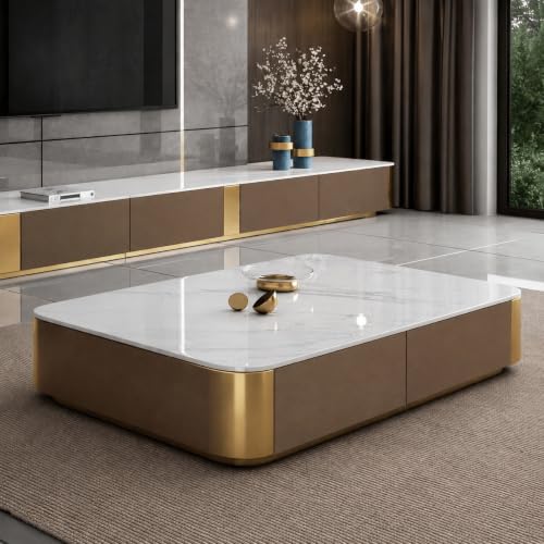 Image of WOODEN SPACE Jaguar Modern Marble Top Coffee Table with Storage | 47.24 Inch Rectangular Centre Table for Living Room | High Gloss Finish (Brown)