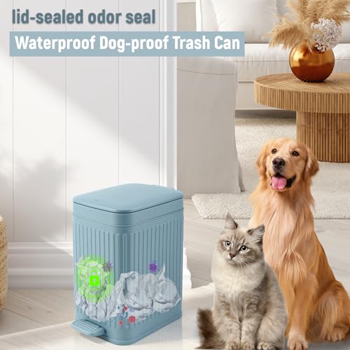 Image of rejomiik Small Bathroom Trash Can with Lid Slim Soft Close Garbage Can Step Wastebasket Container Trash Bin for Office Bedroom Kitchen Living Room 1.9 Gallon, Light Blue