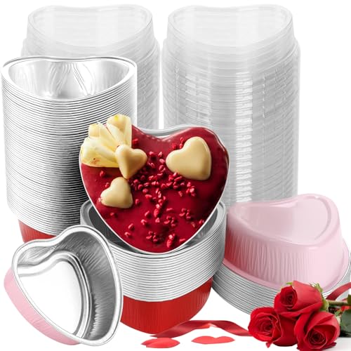 100 Pcs Heart Shaped Cake Pans with Lids Mini Aluminum Foil Cupcake Baking Tins 3.4 Oz Disposable Heart Shape Containers for Valentines Day Mothers Day Wedding Christmas (Red Pink)