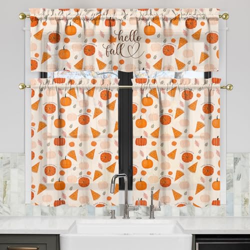 Qeenking Hello Fall Pumpkin Kitchen Curtains Valances and Tiers Set for Windows Autumn Bathroom Window Curtain Valance 3 Piece Sets Thanksgiving Kitchen Decor for Living Room 54x 36