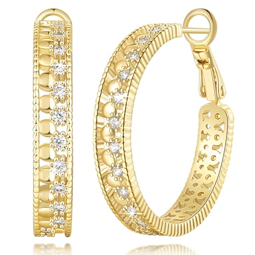 Gold Hoop Earrings for Women 14K Gold Earrings for Women with Cubic Zirconia Hollow-Carved Design Like a Fine Piece of Lace Womens Hoop Earring Trendy 25/30mm