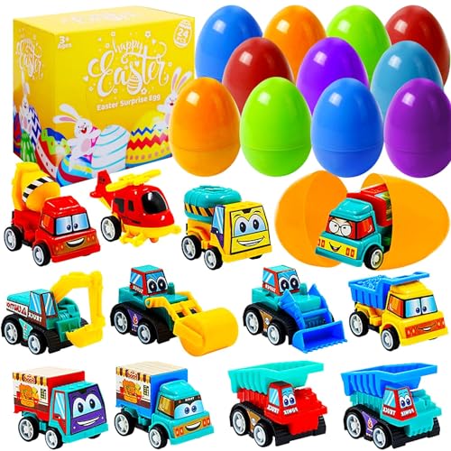 Easter Basket Stuffers for Toddler Easter Gifts for Kids, 12Pcs Plastic Filled Easter Eggs with Cars Toy Inside Pull-Back Construction Vehicles Fillers, Easter Egg Fillers Easter Party Favors for Boys