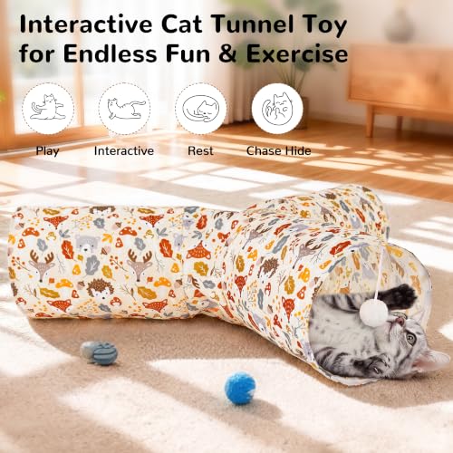 Image of Tempcore Cat Tunnel, 3-Way Collapsible Toy, Large Size Beige Deer | Large Size 3-Way Cat Tunnel Provides More Room for Cats to Run, Hide and Chase, with Peek Holes, Hanging Ball and Teaser Wand