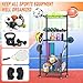 Garage Sports Equipment Organizer Metal Ball Storage Rack with Wheels 4 Layer Rolling Basketball Football Storage Cart with Shelves Baskets Hooks for Soccer Volleyball Baseball Tennis Indoor Outdoor