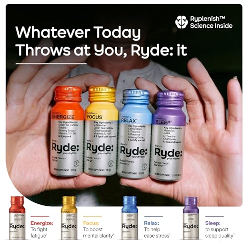 Image of Ryde: Discovery Pack, Energize, Focus & Relax Shots, Green Tea Caffeine, Taurine, Ginseng, B Vitamins, L-Theanine, Lemon Balm, Chamomile, 0 Calories, 0 Sugar, Variety Pack- Try Them All (24 Pack)