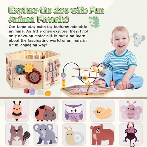 aiwo 7-in-1 Activity Cube for Toddlers 1-3 Montessori Toys, Wooden Large Activity Center for 1 Year Old Baby, Educational Sensory Learning Toys for Boys and Girls Birthday Gifts