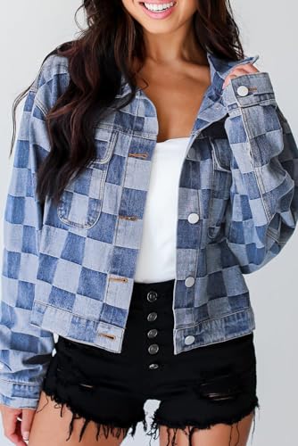 Women's Black Checkered Patchwork Button Up Denim Jacket2